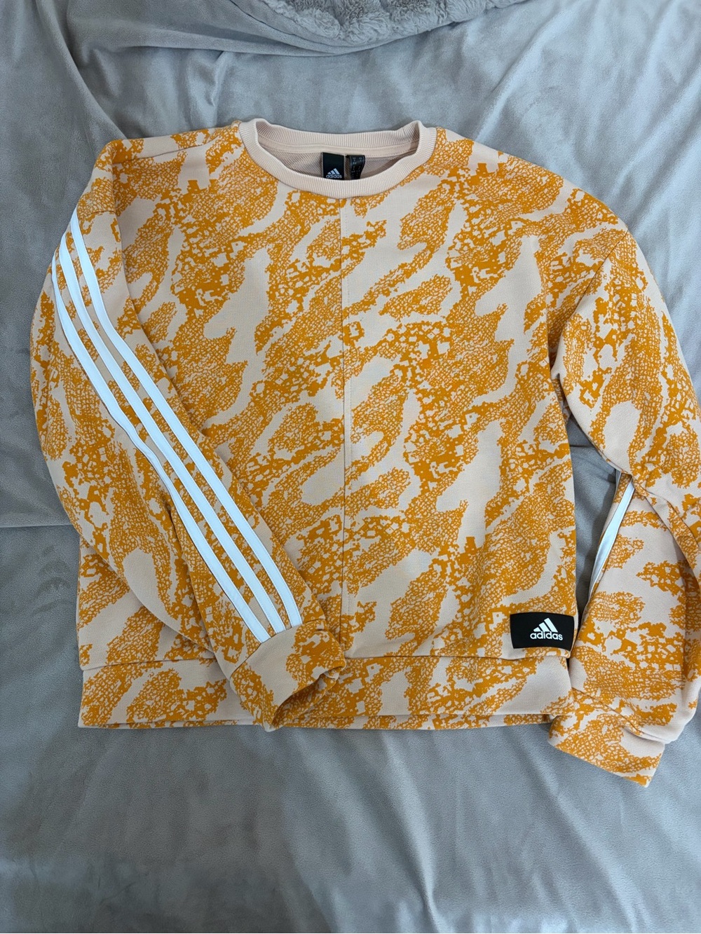 Adidas Women’s Orange and Cream Abstract-Print Crewneck Sweater